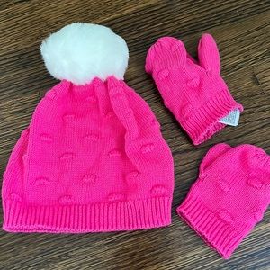 Hot pink baby gap winter hat with pompom and matching gloves